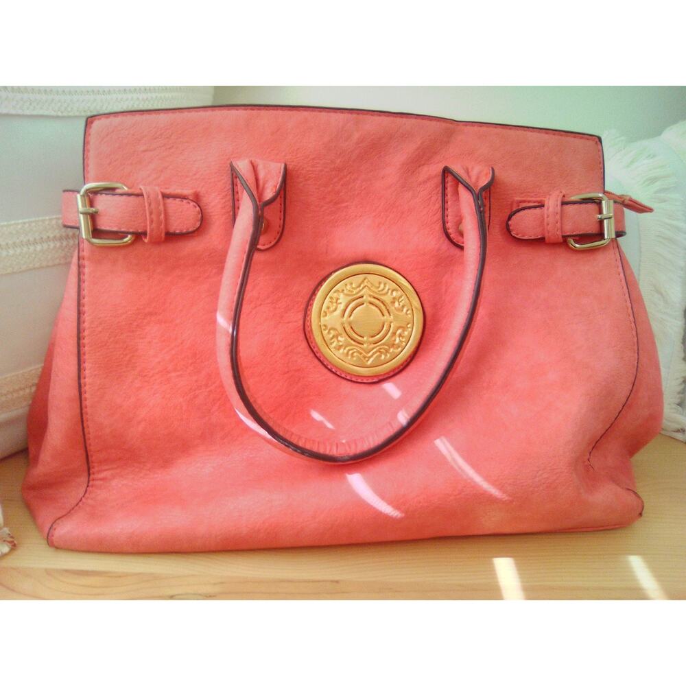 Coral colored B. Makowsky Leather Tote with 24K Gold-plated Medallion